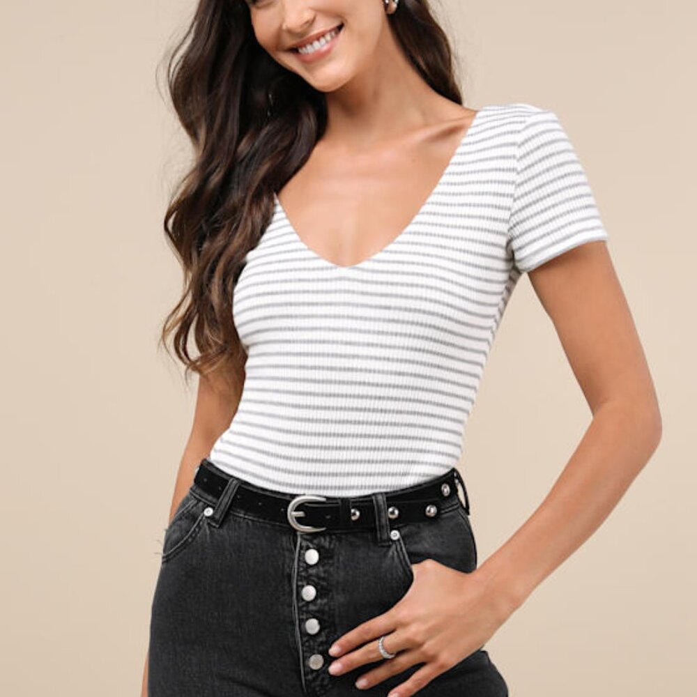 Lulus Sweetest Look White And Grey Striped Short Sleeve Bodysuit - Size M